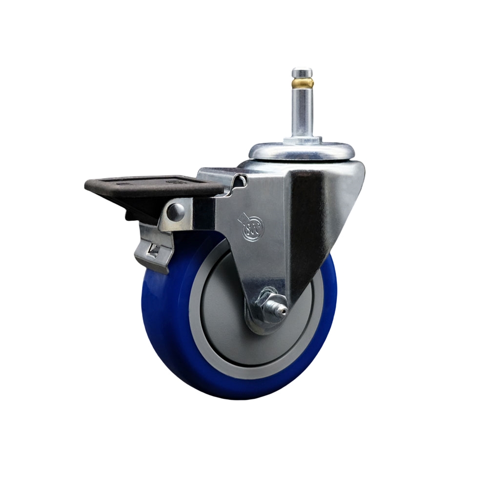 Polyurethane Swivel Grip Ring Stem Caster w/4" x 1.25"  Blue Wheel and 7/16" Stem & Posi Locking Brake - 350 lbs Capacity/Caster - Service Caster Brand — photo 1