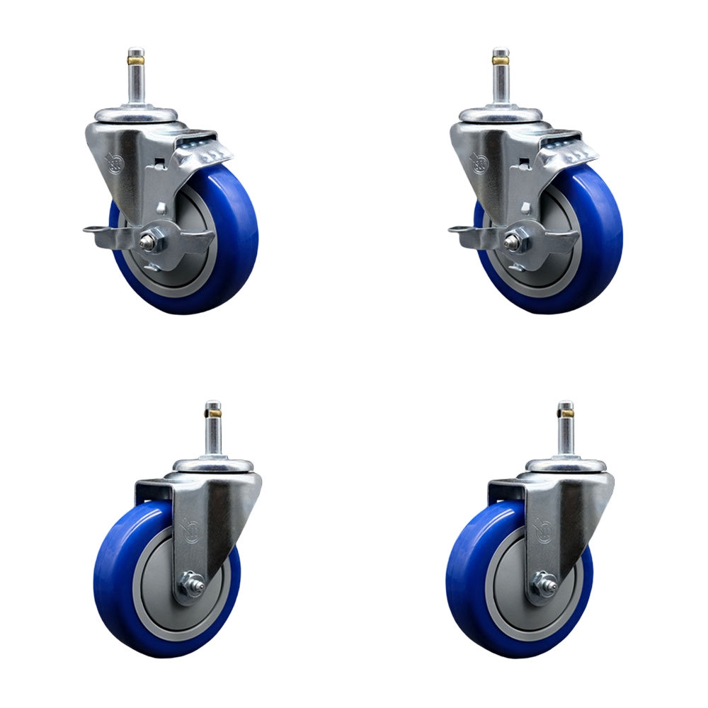 Polyurethane Swivel Grip Ring Stem Caster Set of 4 w/4" x 1.25"  Blue Wheels and 7/16" Stems - Includes 2 with Top Locking Brake - 1400 lbs Total Capacity - Service Caster Brand — photo 1