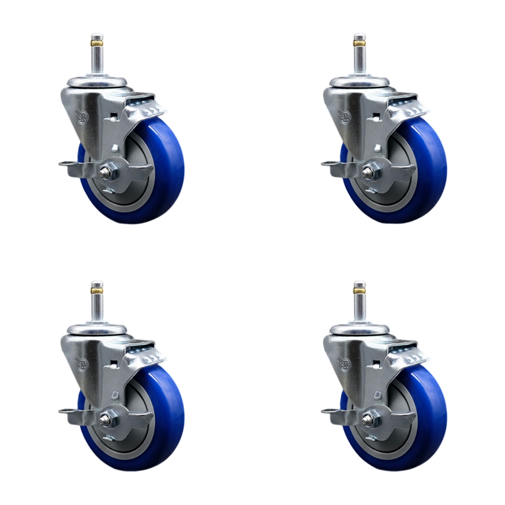 Polyurethane Swivel Grip Ring Stem Caster Set of 4 w/4" x 1.25" Blue Wheels and 7/16" Stems - Includes 4 with Top Lock Brakes - 1400 lbs Total Capacity - Service Caster Brand — photo 1