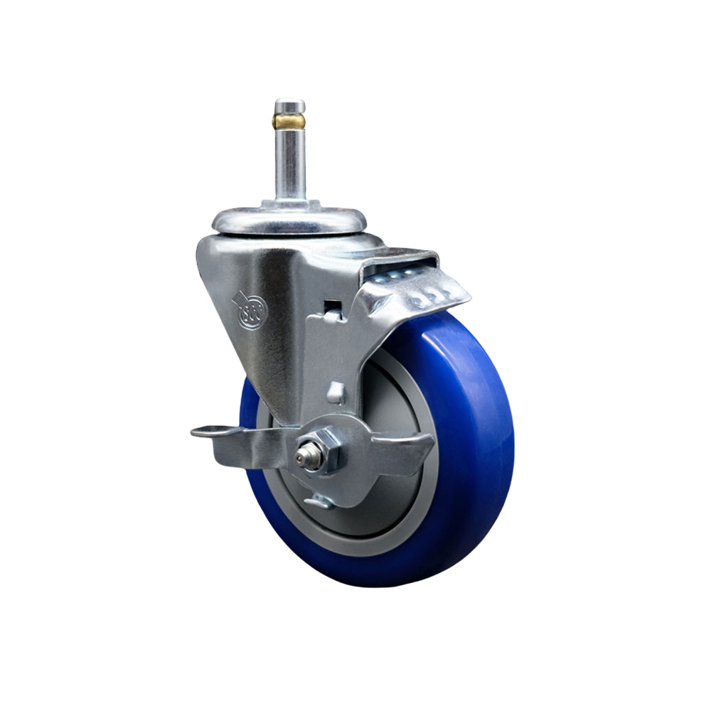 Polyurethane Swivel Grip Ring Stem Caster w/4" x 1.25"  Blue Wheel and 7/16" Stem & Top Locking Brake - 350 lbs Capacity/Caster - Service Caster Brand — photo 1