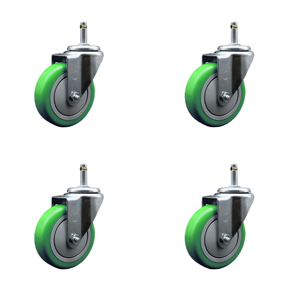 Polyurethane Swivel Grip Ring Stem Caster Set of 4 w/4" x 1.25" Green Wheels and 7/16" Stems - Includes 4 Swivel - 1400 lbs Total Capacity - Service Caster Brand — photo 1