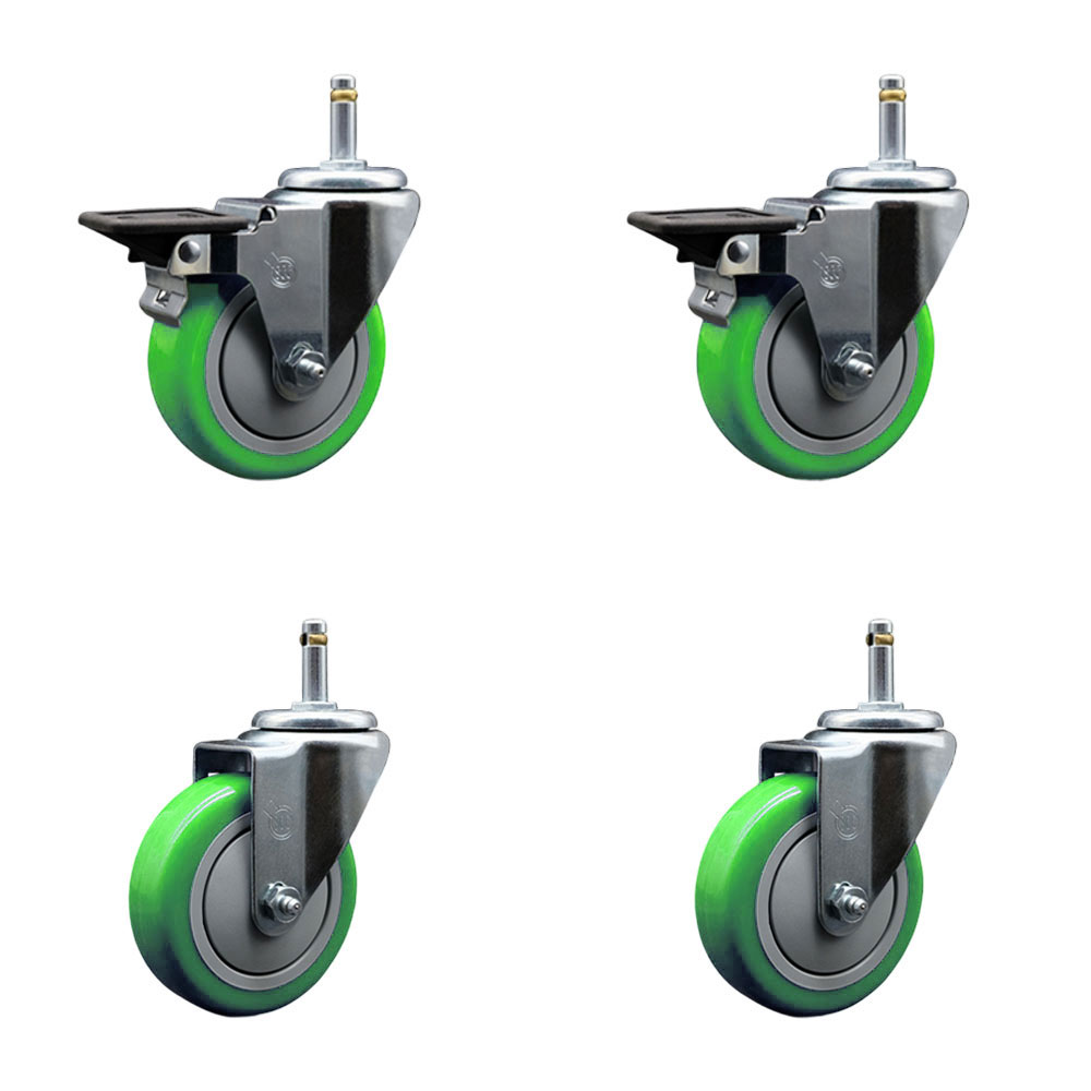 Polyurethane Swivel Grip Ring Stem Caster Set of 4 w/4" x 1.25"  Green Wheels and 7/16" Stems - Includes 2 with Posi Locking Brake - 1400 lbs Total Capacity - Service Caster Brand — photo 1