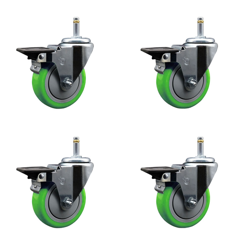 Polyurethane Swivel Grip Ring Stem Caster Set of 4 w/4" x 1.25" Green Wheels and 7/16" Stems - Includes 4 with Posi Lock Brakes - 1400 lbs Total Capacity - Service Caster Brand — photo 1