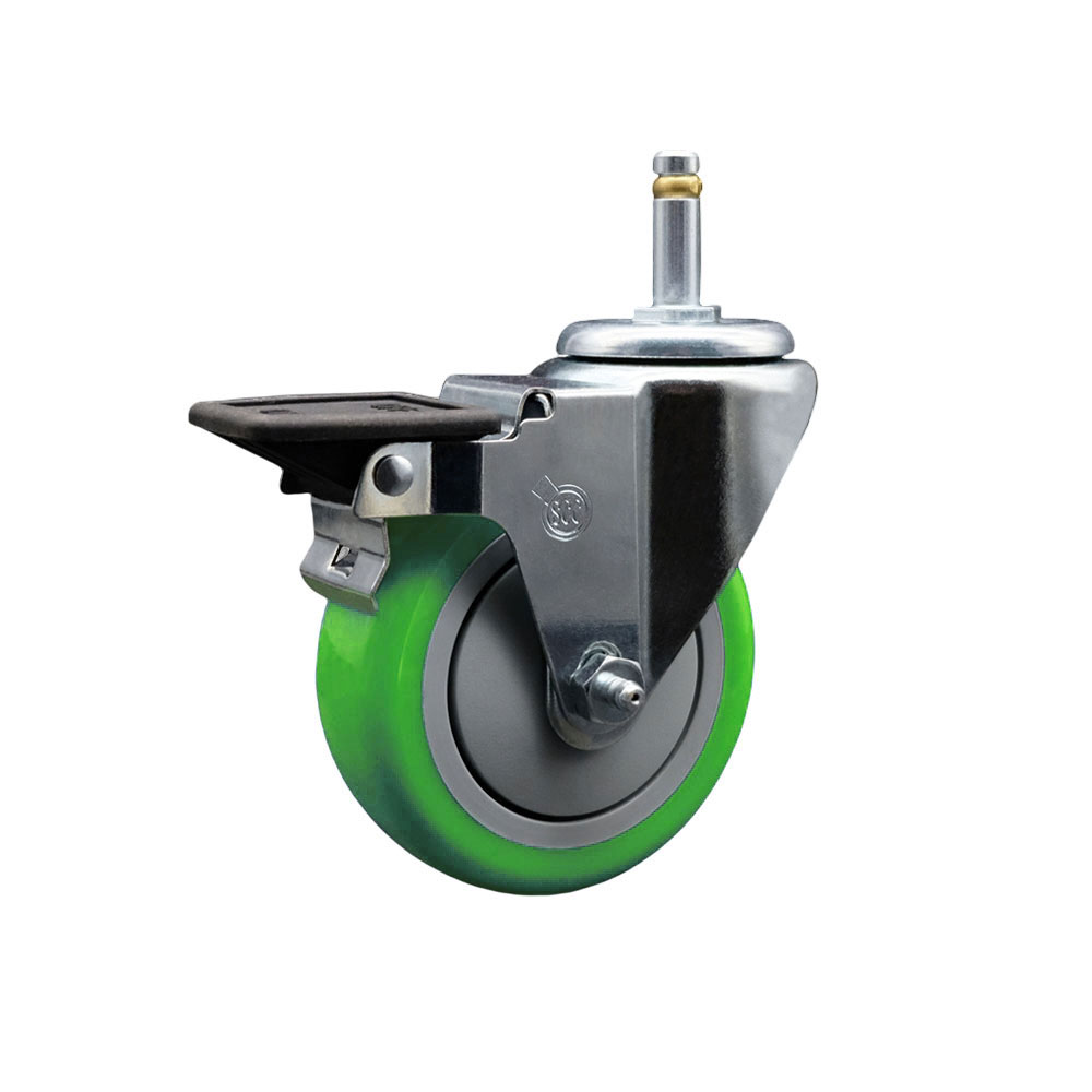 Polyurethane Swivel Grip Ring Stem Caster w/4" x 1.25"  Green Wheel and 7/16" Stem & Posi Locking Brake - 350 lbs Capacity/Caster - Service Caster Brand — photo 1