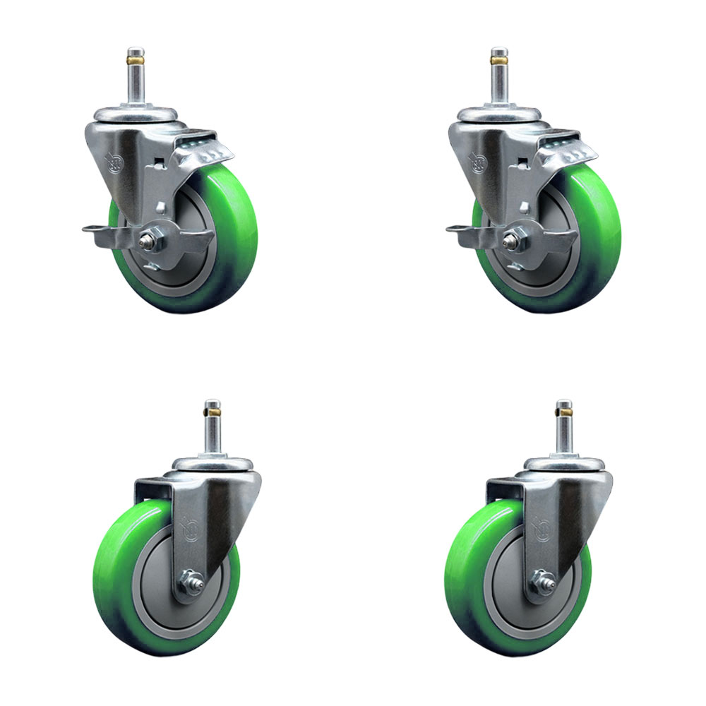 Polyurethane Swivel Grip Ring Stem Caster Set of 4 w/4" x 1.25" Green Wheels and 7/16" Stems - Includes 2 with Top Locking Brake - 1400 lbs Total Capacity - Service Caster Brand — photo 1