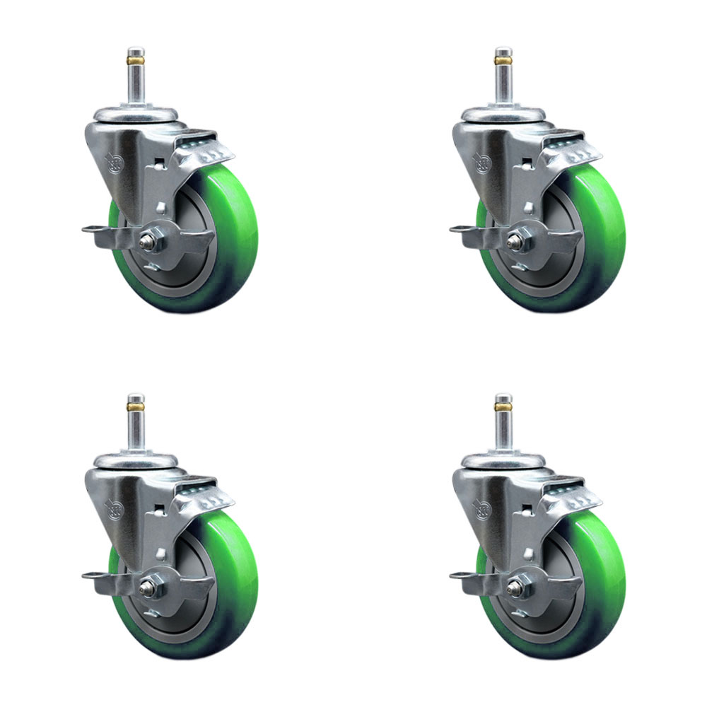 Polyurethane Swivel Grip Ring Stem Caster Set of 4 w/4" x 1.25" Green Wheels and 7/16" Stems - Includes 4 with Top Lock Brakes - 1400 lbs Total Capacity - Service Caster Brand — photo 1