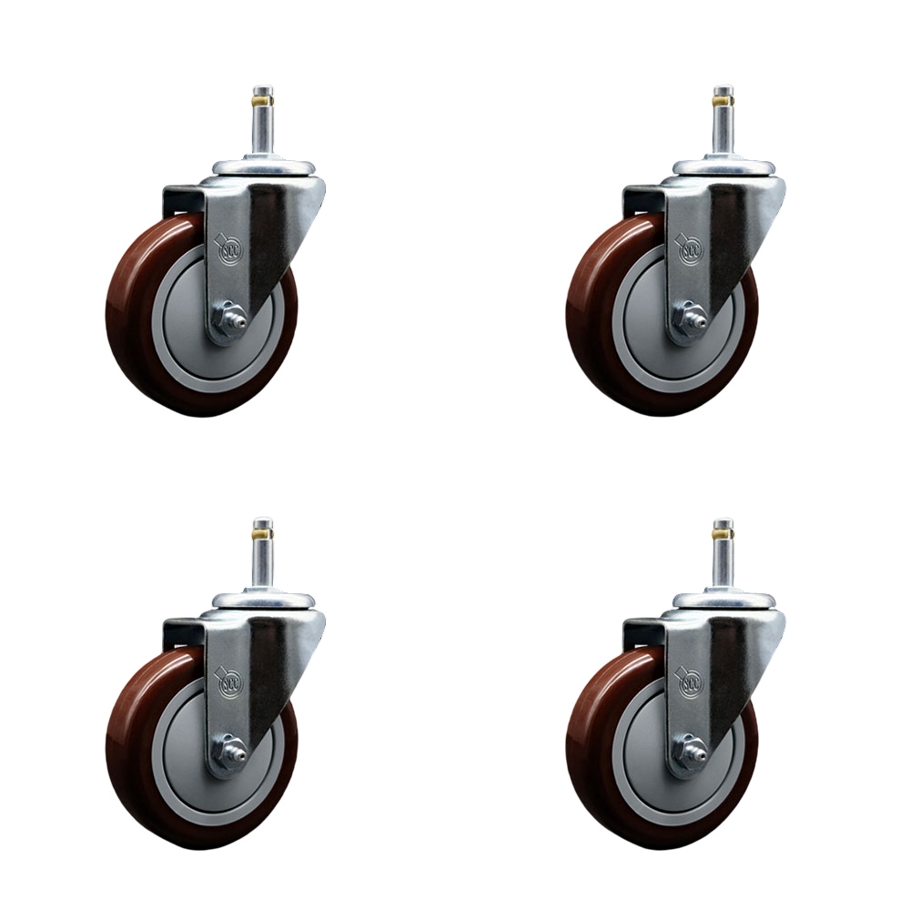 Polyurethane Swivel Grip Ring Stem Caster Set of 4 w/4" x 1.25" Maroon Wheels and 7/16" Stems - Includes 4 Swivel - 1400 lbs Total Capacity - Service Caster Brand — photo 1