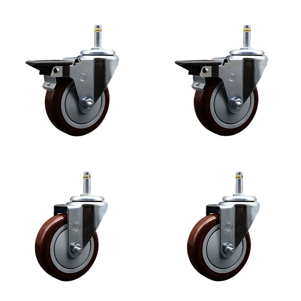 Polyurethane Swivel Grip Ring Stem Caster Set of 4 w/4" x 1.25"  Maroon Wheels and 7/16" Stems - Includes 2 with Posi Locking Brake - 1400 lbs Total Capacity - Service Caster Brand — photo 1