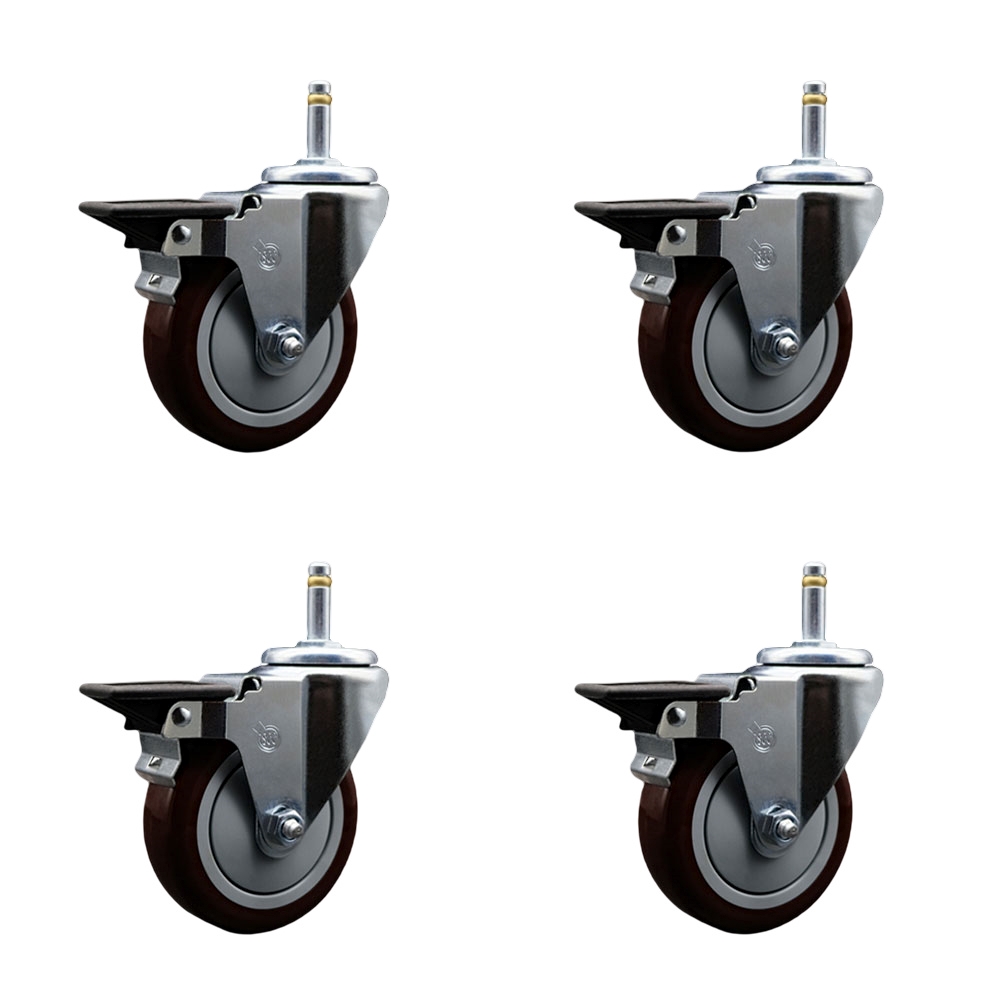 Polyurethane Swivel Grip Ring Stem Caster Set of 4 w/4" x 1.25" Maroon Wheels and 7/16" Stems - Includes 4 with Posi Lock Brakes - 1400 lbs Total Capacity - Service Caster Brand — photo 1
