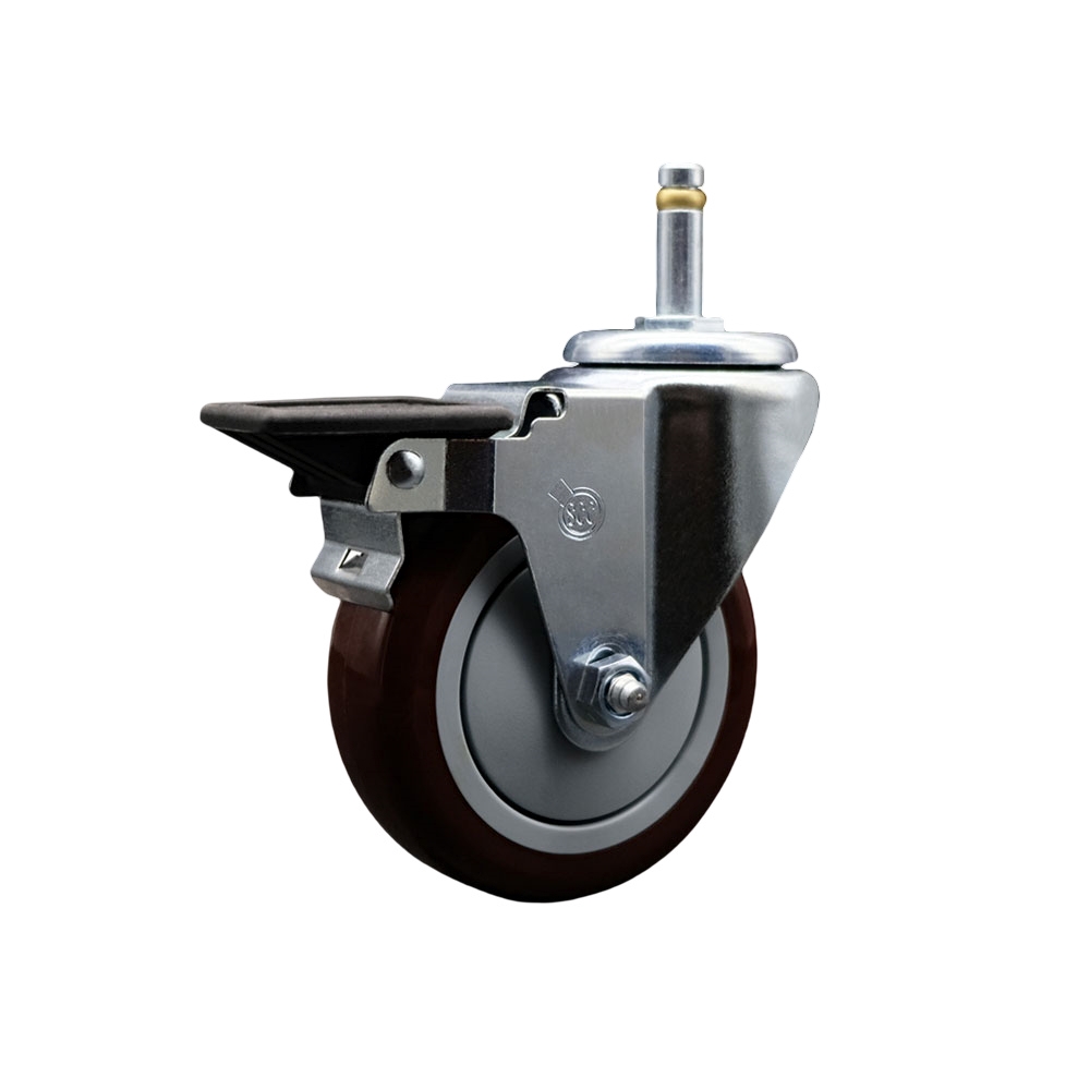 Polyurethane Swivel Grip Ring Stem Caster w/4" x 1.25"  Maroon Wheel and 7/16" Stem & Posi Locking Brake - 350 lbs Capacity/Caster - Service Caster Brand — photo 1