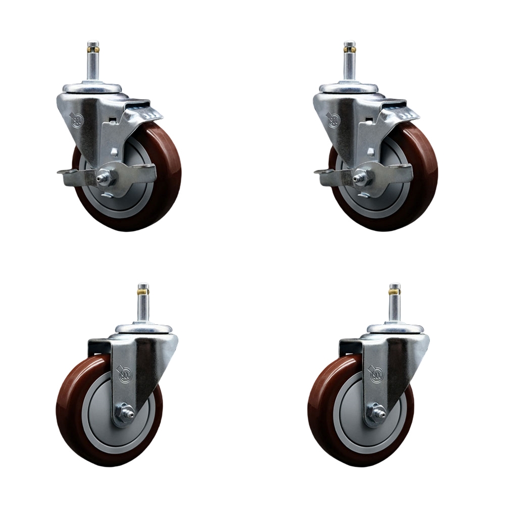 Polyurethane Swivel Grip Ring Stem Caster Set of 4 w/4" x 1.25"  Maroon Wheels and 7/16" Stems - Includes 2 with Top Locking Brake - 1400 lbs Total Capacity - Service Caster Brand — photo 1