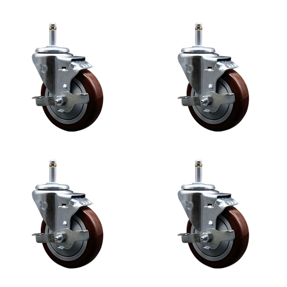 Polyurethane Swivel Grip Ring Stem Caster Set of 4 w/4" x 1.25" Maroon Wheels and 7/16" Stems - Includes 4 with Top Lock Brakes - 1400 lbs Total Capacity - Service Caster Brand — photo 1