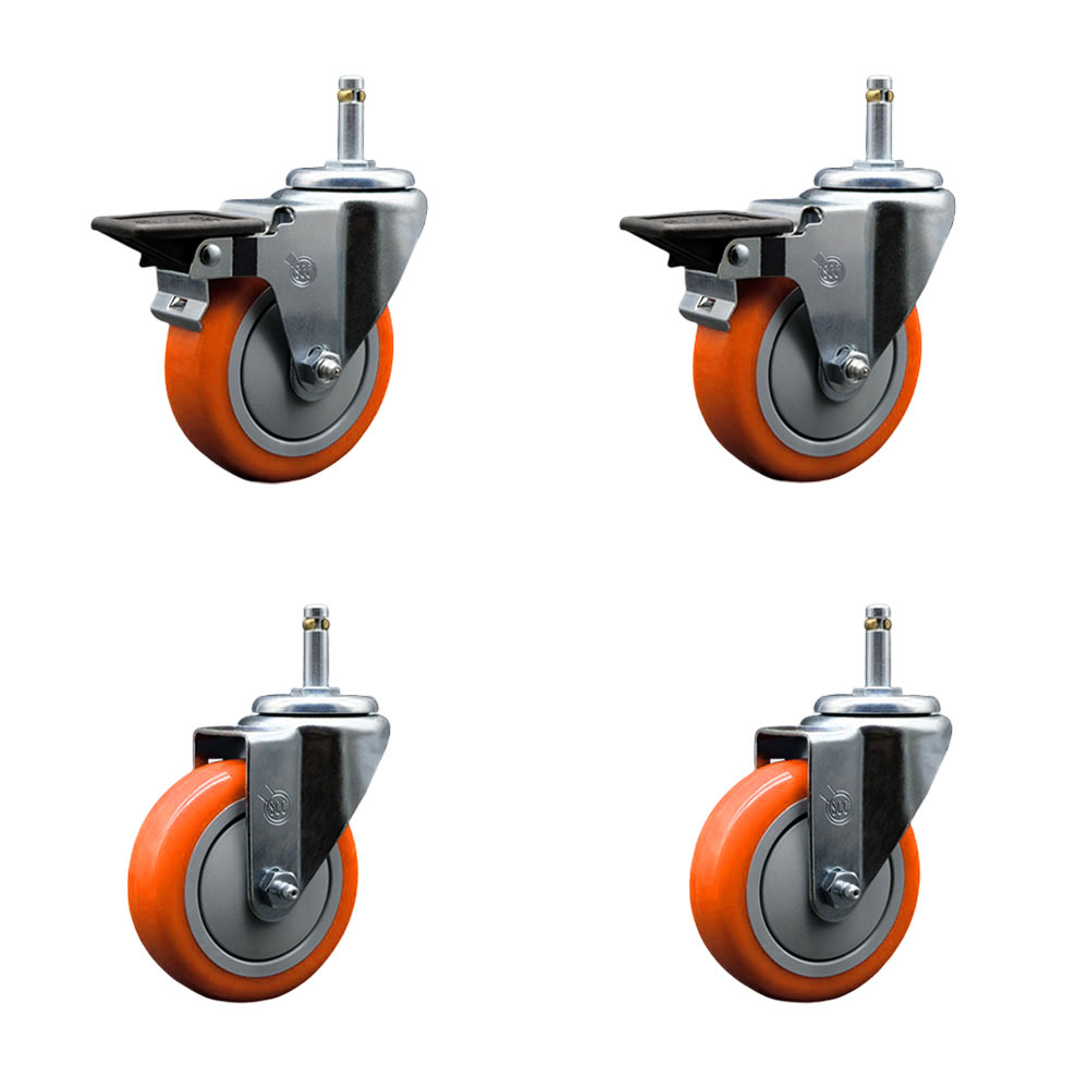 Polyurethane Swivel Grip Ring Stem Caster Set of 4 w/4" x 1.25"  Orange Wheels and 7/16" Stems - Includes 2 with Posi Locking Brake - 1400 lbs Total Capacity - Service Caster Brand — photo 1