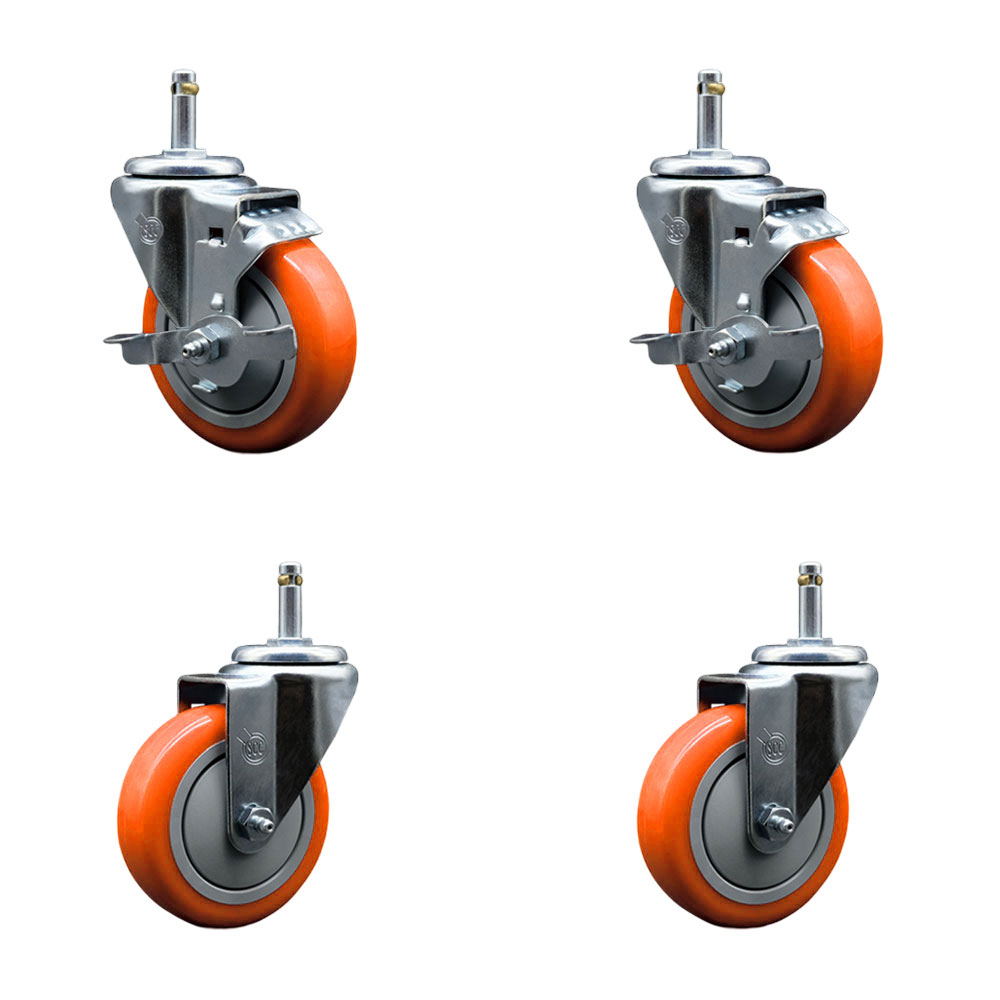 Polyurethane Swivel Grip Ring Stem Caster Set of 4 w/4" x 1.25"  Orange Wheels and 7/16" Stems - Includes 2 with Top Locking Brake - 1400 lbs Total Capacity - Service Caster Brand — photo 1