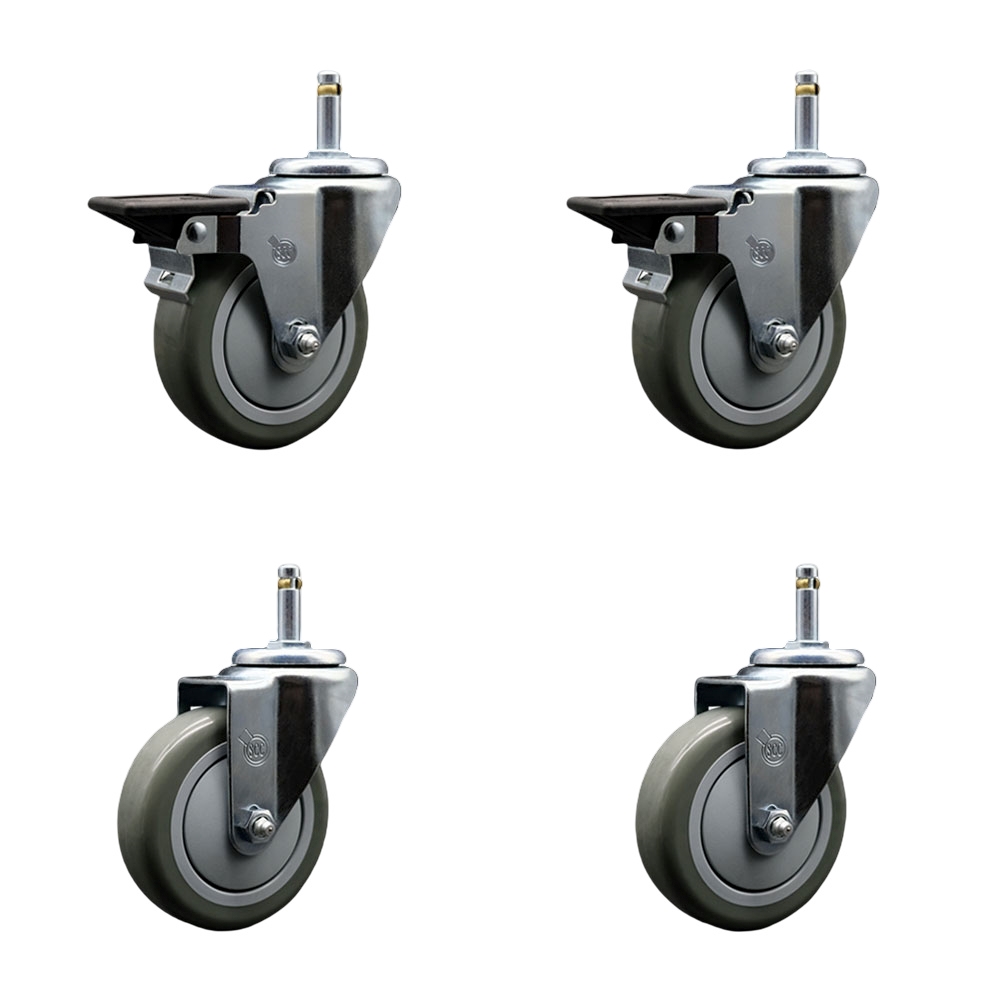 Polyurethane Swivel Grip Ring Stem Caster Set of 4 w/4" x 1.25"  Gray Wheels and 7/16" Stems - Includes 2 with Posi Locking Brake - 1400 lbs Total Capacity - Service Caster Brand — photo 1