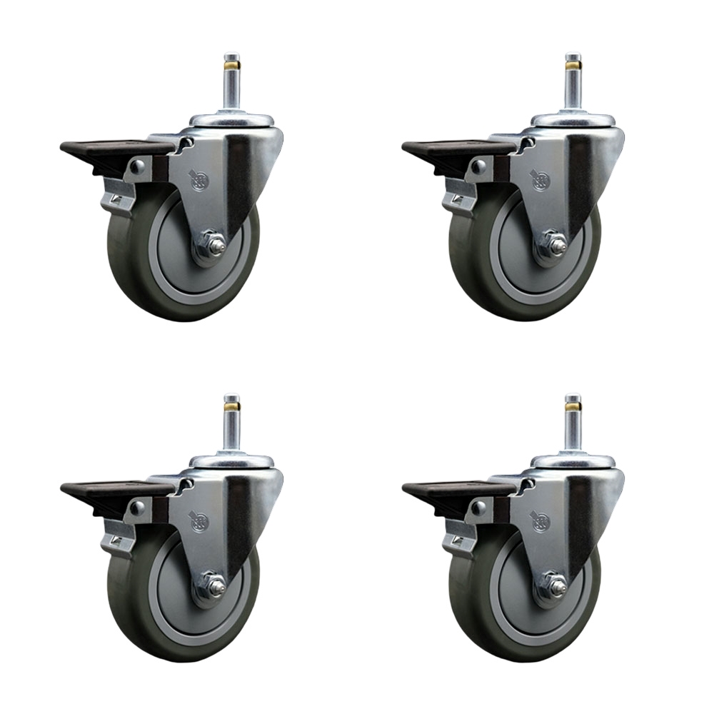 Polyurethane Swivel Grip Ring Stem Caster Set of 4 w/4" x 1.25" Gray Wheels and 7/16" Stems - Includes 4 with Posi Lock Brakes - 1400 lbs Total Capacity - Service Caster Brand — photo 1