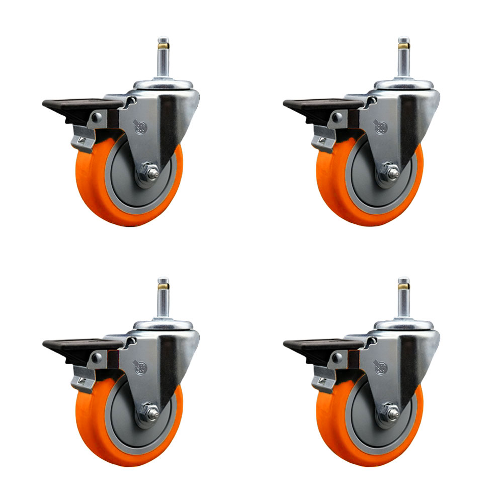 Polyurethane Swivel Grip Ring Stem Caster Set of 4 w/4" x 1.25" Orange Wheels and 7/16" Stems - Includes 4 with Posi Lock Brakes - 1400 lbs Total Capacity - Service Caster Brand — photo 1