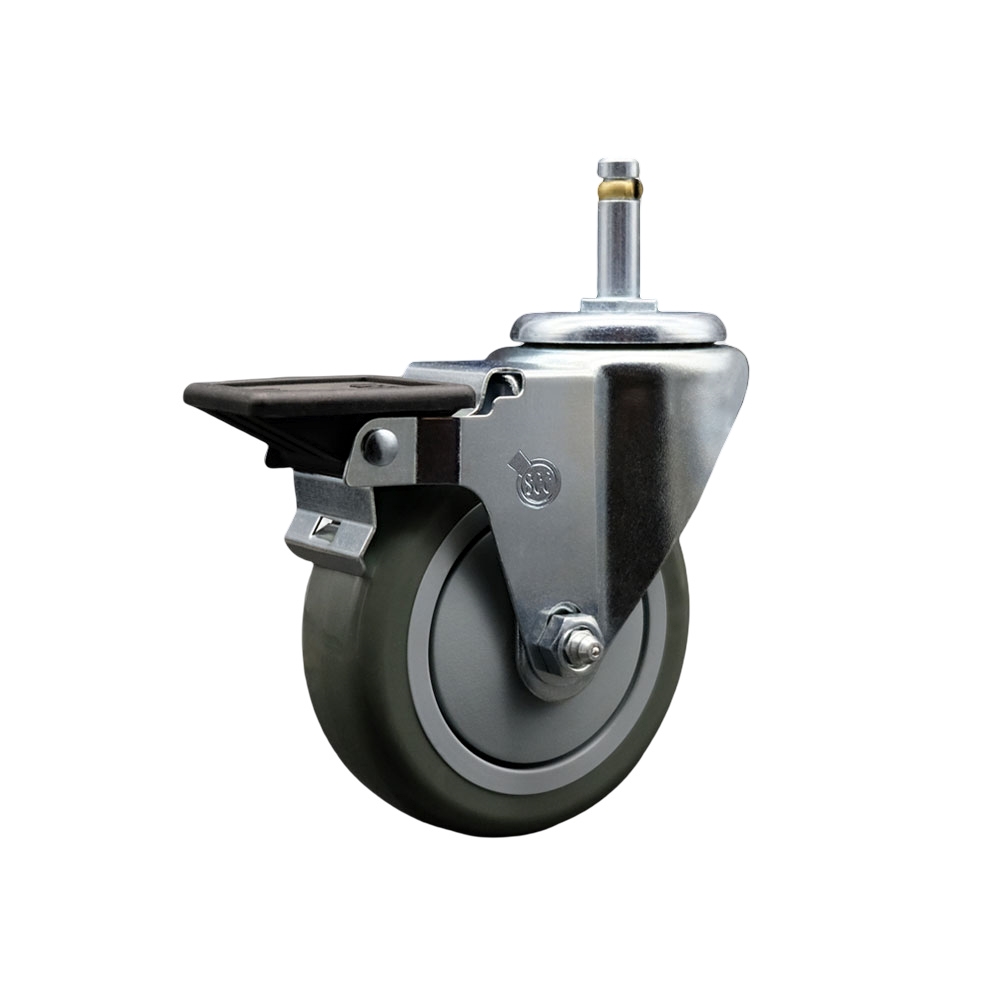 Polyurethane Swivel Grip Ring Stem Caster w/4" x 1.25"  Gray Wheel and 7/16" Stem & Posi Locking Brake - 350 lbs Capacity/Caster - Service Caster Brand — photo 1