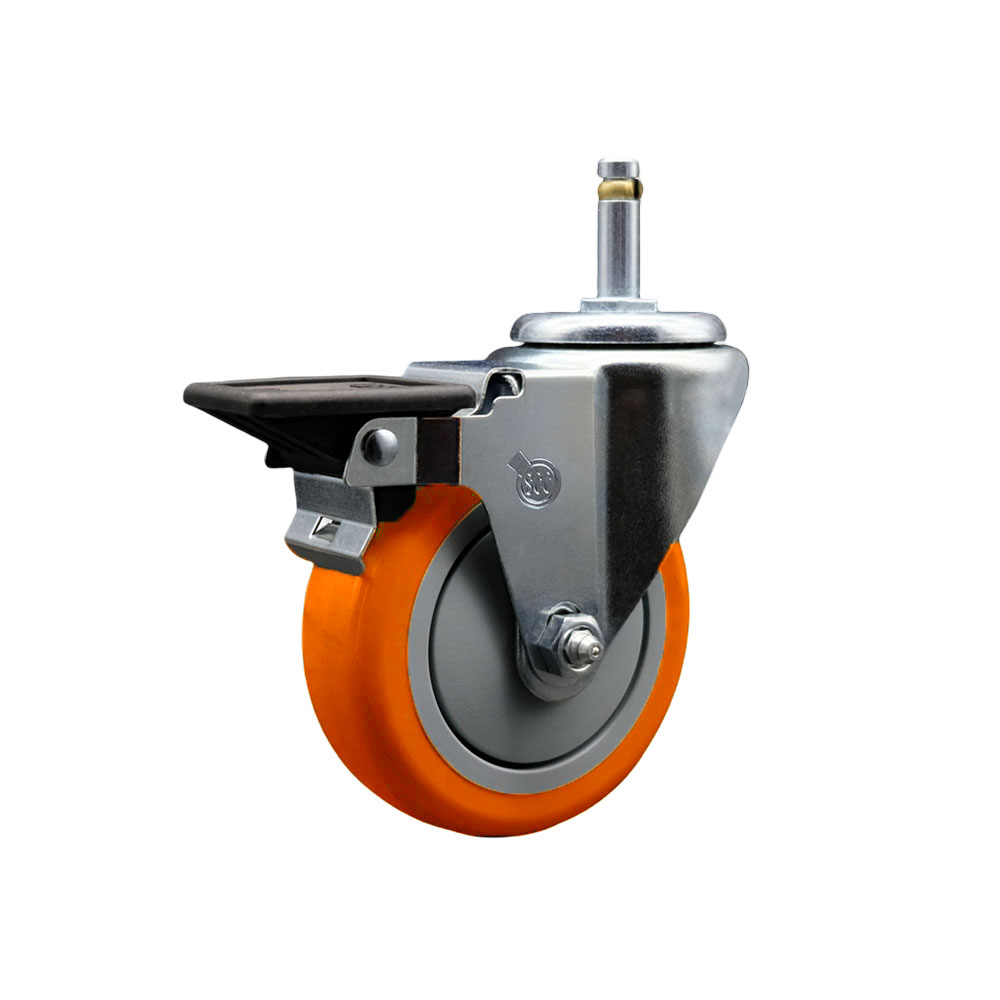 Polyurethane Swivel Grip Ring Stem Caster w/4" x 1.25"  Orange Wheel and 7/16" Stem & Posi Locking Brake - 350 lbs Capacity/Caster - Service Caster Brand — photo 1