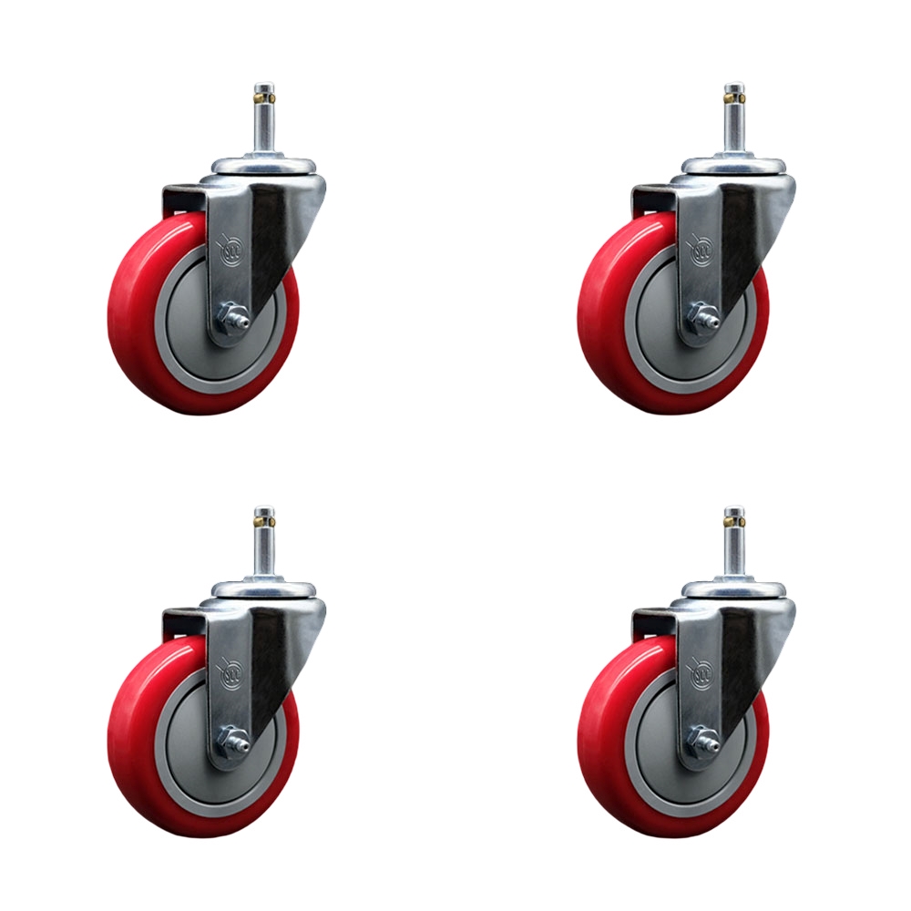 Polyurethane Swivel Grip Ring Stem Caster Set of 4 w/4" x 1.25" Red Wheels and 7/16" Stems - Includes 4 Swivel - 1400 lbs Total Capacity - Service Caster Brand — photo 1