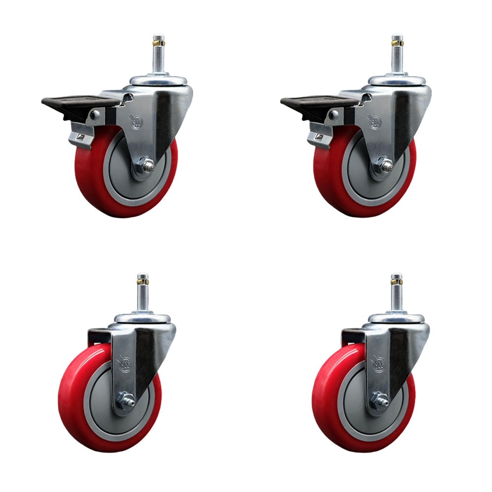 Polyurethane Swivel Grip Ring Stem Caster Set of 4 w/4" x 1.25"  Red Wheels and 7/16" Stems - Includes 2 with Posi Locking Brake - 1400 lbs Total Capacity - Service Caster Brand — photo 1