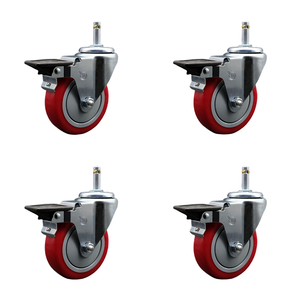 Polyurethane Swivel Grip Ring Stem Caster Set of 4 w/4" x 1.25" Red Wheels and 7/16" Stems - Includes 4 with Posi Lock Brakes - 1400 lbs Total Capacity - Service Caster Brand — photo 1