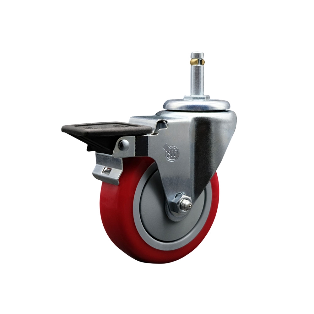 Polyurethane Swivel Grip Ring Stem Caster w/4" x 1.25"  Red Wheel and 7/16" Stem & Posi Locking Brake - 350 lbs Capacity/Caster - Service Caster Brand — photo 1