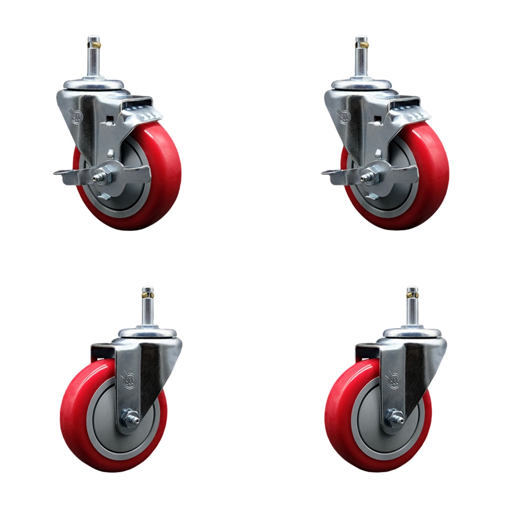 Polyurethane Swivel Grip Ring Stem Caster Set of 4 w/4" x 1.25"  Red Wheels and 7/16" Stems - Includes 2 with Top Locking Brake - 1400 lbs Total Capacity - Service Caster Brand — photo 1