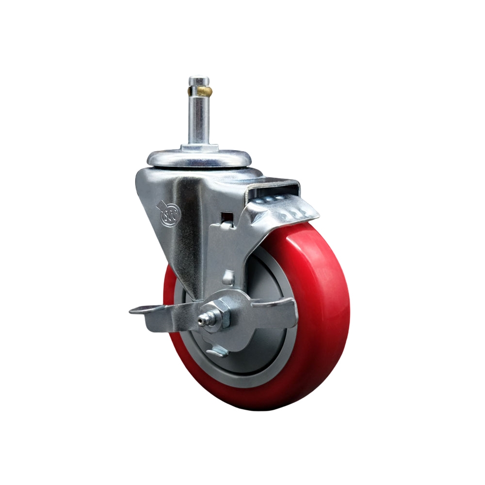 Service Caster Brand Replacement for Colson Caster 2.04251.95 MTG7 BRK1 - Polyurethane Swivel Grip Ring Stem Caster with 4" Red Wheel and .845" Stem & Top Locking Brake - 350 lbs Capacity/Caster — photo 1