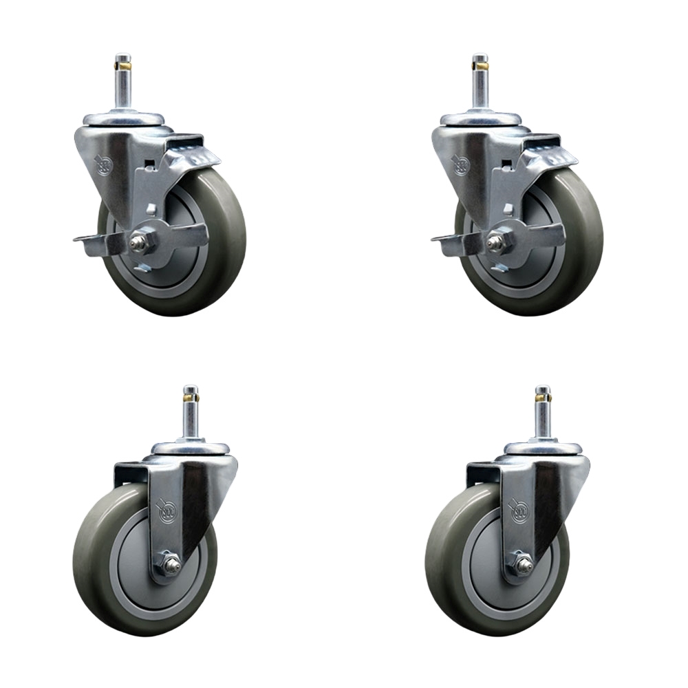 Polyurethane Swivel Grip Ring Stem Caster Set of 4 w/4" x 1.25"  Gray Wheels and 7/16" Stems - Includes 2 with Top Locking Brake - 1400 lbs Total Capacity - Service Caster Brand — photo 1