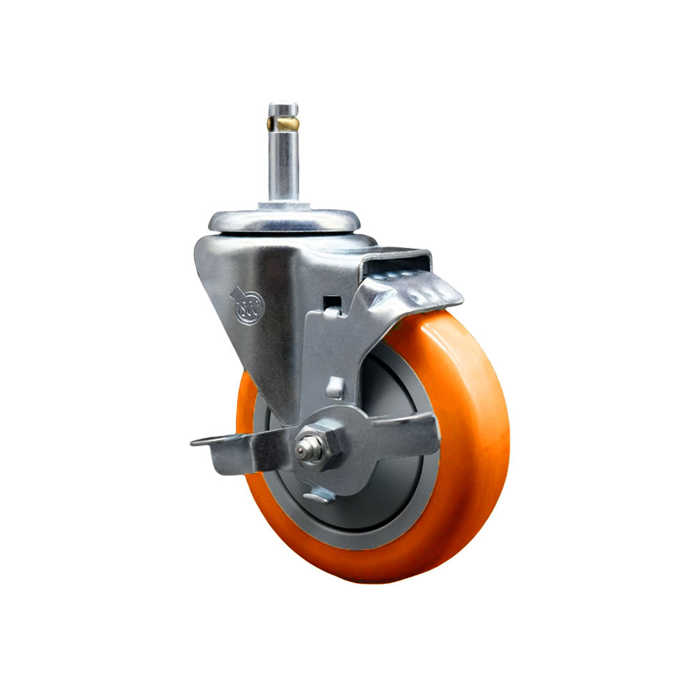 Polyurethane Swivel Grip Ring Stem Caster w/4" x 1.25"  Orange Wheel and 7/16" Stem & Top Locking Brake - 350 lbs Capacity/Caster - Service Caster Brand — photo 1