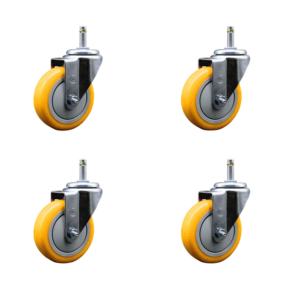 Polyurethane Swivel Grip Ring Stem Caster Set of 4 w/4" x 1.25" Yellow Wheels and 7/16" Stems - Includes 4 Swivel - 1400 lbs Total Capacity - Service Caster Brand — photo 1
