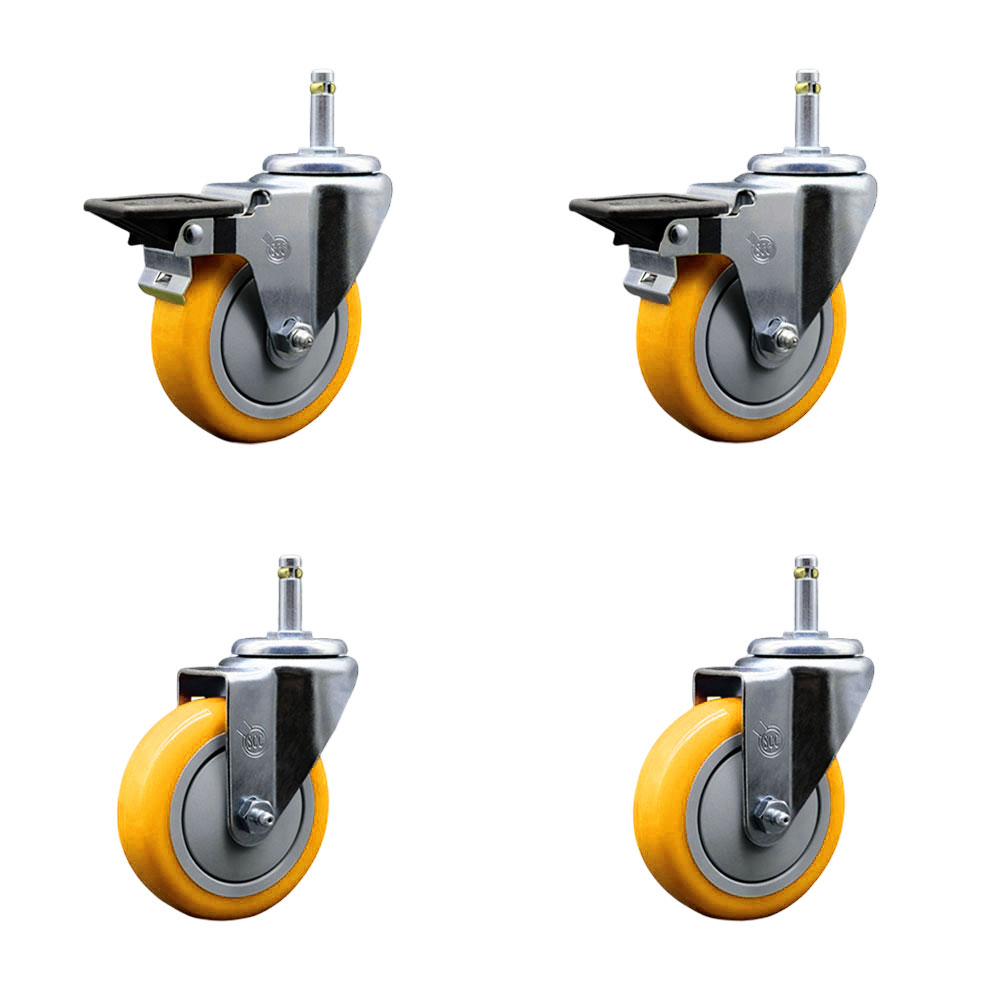 Polyurethane Swivel Grip Ring Stem Caster Set of 4 w/4" x 1.25"  Yellow Wheels and 7/16" Stems - Includes 2 with Posi Locking Brake - 1400 lbs Total Capacity - Service Caster Brand — photo 1