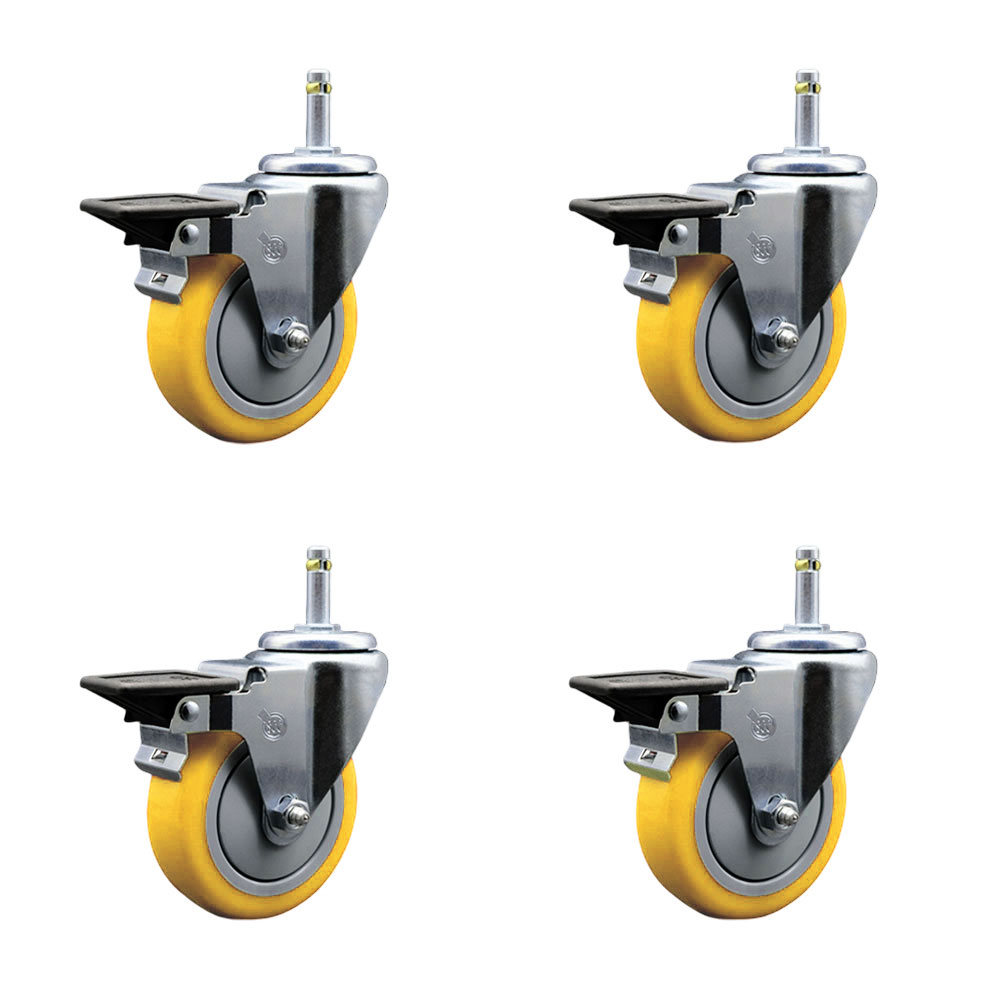 Polyurethane Swivel Grip Ring Stem Caster Set of 4 w/4" x 1.25" Yellow Wheels and 7/16" Stems - Includes 4 with Posi Lock Brakes - 1400 lbs Total Capacity - Service Caster Brand — photo 1