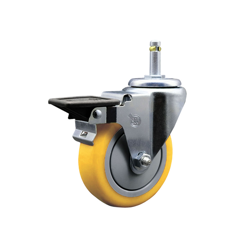 Polyurethane Swivel Grip Ring Stem Caster w/4" x 1.25"  Yellow Wheel and 7/16" Stem & Posi Locking Brake - 350 lbs Capacity/Caster - Service Caster Brand — photo 1