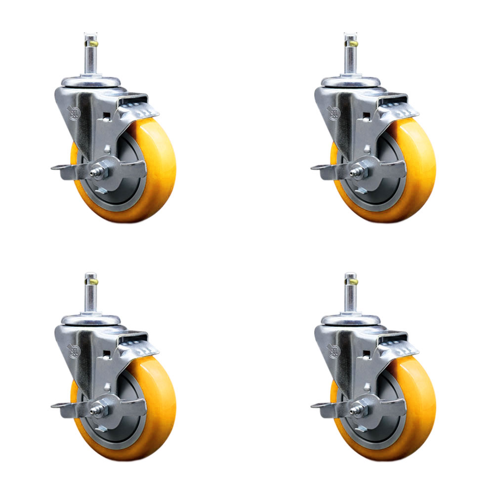 Polyurethane Swivel Grip Ring Stem Caster Set of 4 w/4" x 1.25" Yellow Wheels and 7/16" Stems - Includes 4 with Top Lock Brakes - 1400 lbs Total Capacity - Service Caster Brand — photo 1