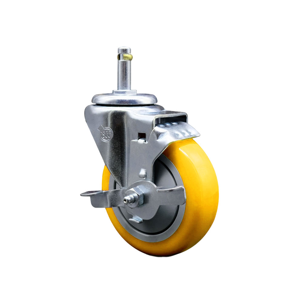 Service Caster Brand Replacement for Colson Caster 2.04251.95 MTG7 BRK1 - Polyurethane Swivel Grip Ring Stem Caster with 4" Yellow Wheel and .845" Stem & Top Locking Brake - 350 lbs Capacity/Caster — photo 1