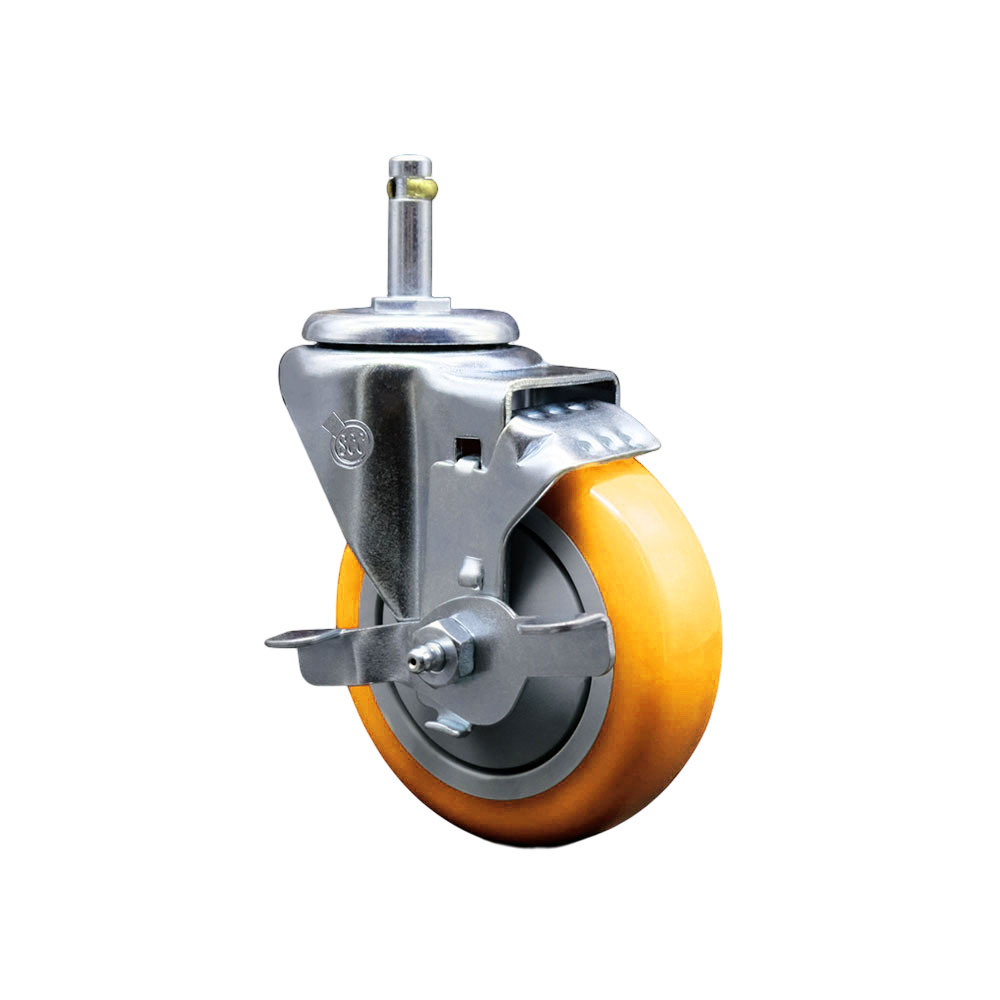 Polyurethane Swivel Grip Ring Stem Caster w/4" x 1.25" Yellow Wheel and 7/16" Stem & Top Locking Brake - 350 lbs Capacity/Caster - Service Caster Brand — photo 1