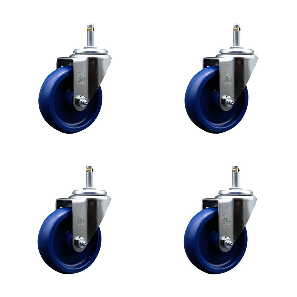 Solid Polyurethane Swivel Grip Ring Stem Caster Set of 4 w/4" x 1.25" Blue Wheels and 7/16" Stems - Includes 4 Swivel - 1200 lbs Total Capacity - Service Caster Brand — photo 1