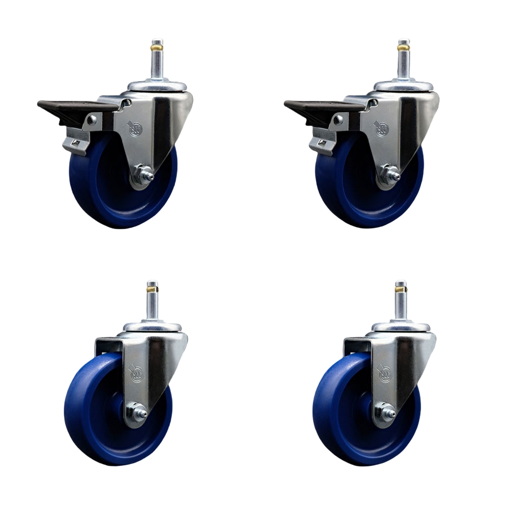 Solid Polyurethane Swivel Grip Ring Stem Caster Set of 4 w/4" x 1.25" Blue Wheels and 7/16" Stems - Includes 2 with Posi Locking Brake - 1200 lbs Total Capacity - Service Caster Brand — photo 1