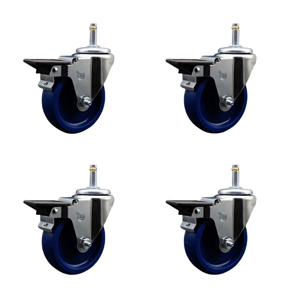 Solid Polyurethane Swivel Grip Ring Stem Caster Set of 4 w/4" x 1.25" Blue Wheels and 7/16" Stems - Includes 4 with Posi Lock Brakes - 1200 lbs Total Capacity - Service Caster Brand — photo 1