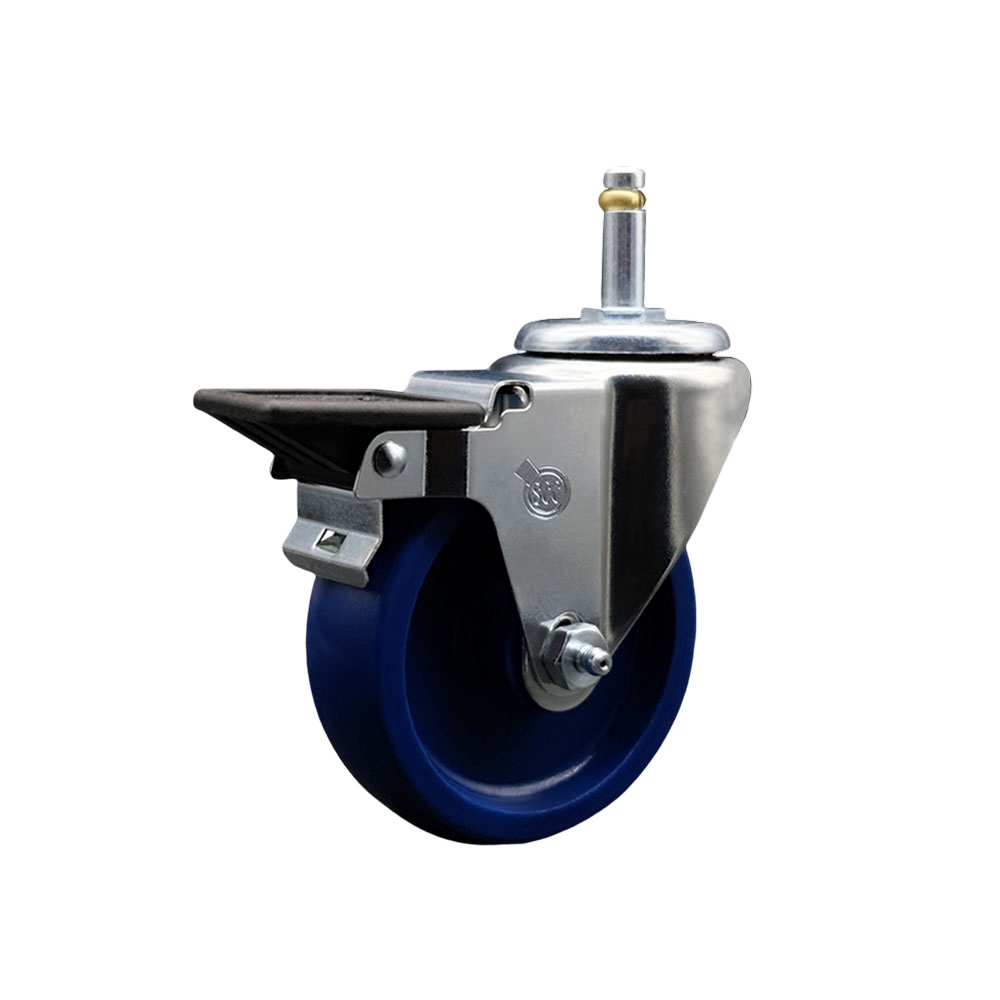 Solid Polyurethane Swivel Grip Ring Stem Caster w/4" x 1.25" Blue Wheel and 7/16" Stem & Posi Locking Brake - 300 lbs Capacity/Caster - Service Caster Brand — photo 1