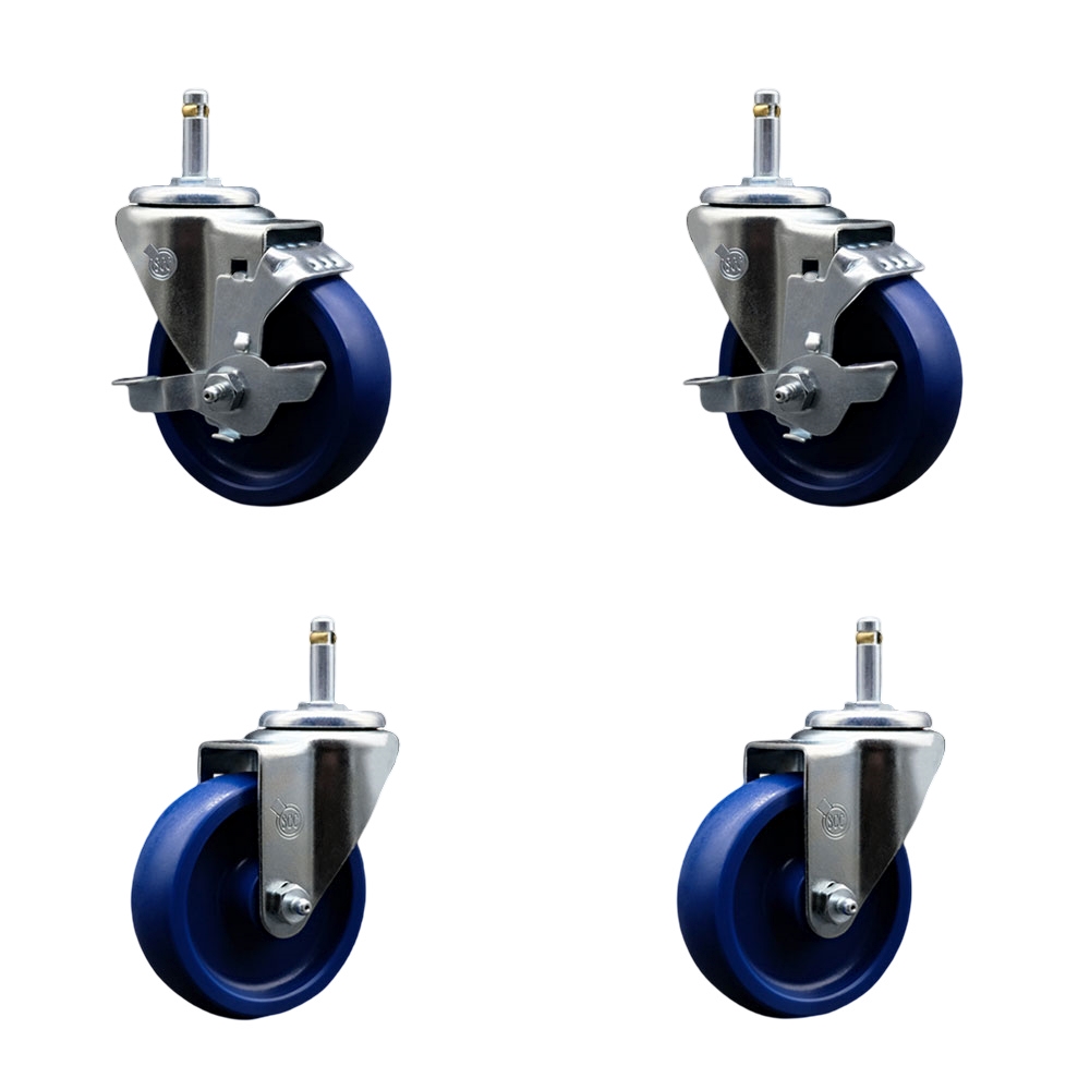 Solid Polyurethane Swivel Grip Ring Stem Caster Set of 4 w/4" x 1.25" Blue Wheels and 7/16" Stems - Includes 2 with Top Locking Brake - 1200 lbs Total Capacity - Service Caster Brand — photo 1