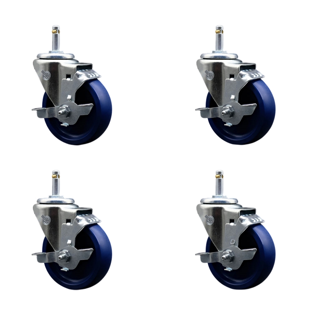 Solid Polyurethane Swivel Grip Ring Stem Caster Set of 4 w/4" x 1.25" Blue Wheels and 7/16" Stems - Includes 4 with Top Lock Brakes - 1200 lbs Total Capacity - Service Caster Brand — photo 1