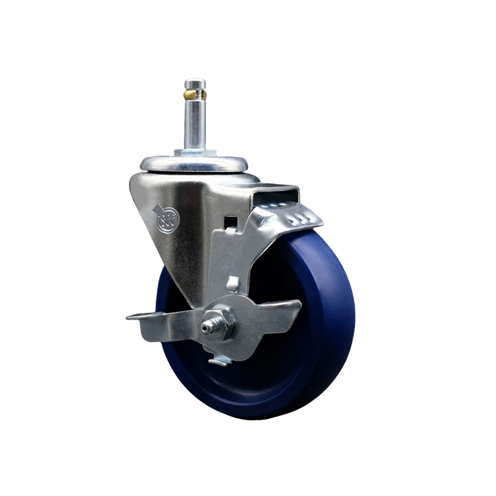Solid Polyurethane Swivel Grip Ring Stem Caster w/4" x 1.25" Blue Wheel and 7/16" Stem & Top Locking Brake - 300 lbs Capacity/Caster - Service Caster Brand — photo 1