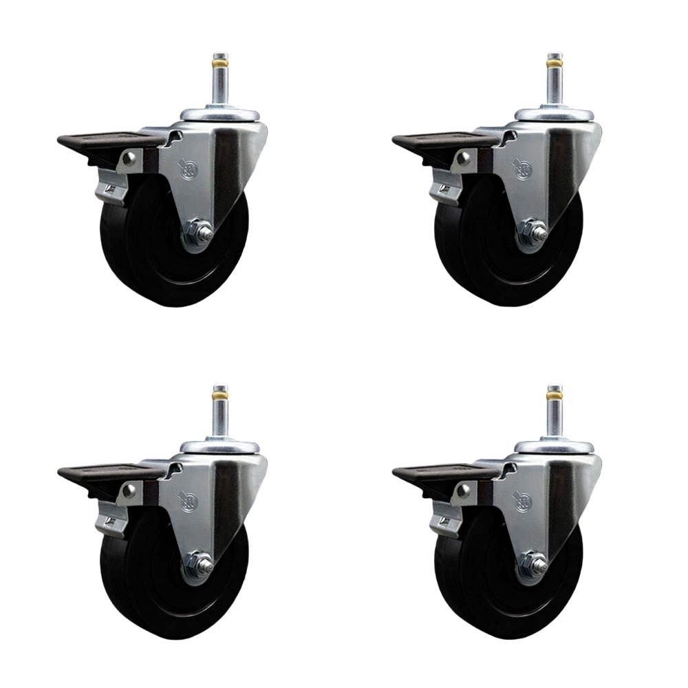 Soft Rubber Swivel Grip Ring Stem Caster Set of 4 w/4" x 1.25" Black Wheels and 7/16" Stems - Includes 4 with Posi Lock Brakes - 800 lbs Total Capacity - Service Caster Brand — photo 1