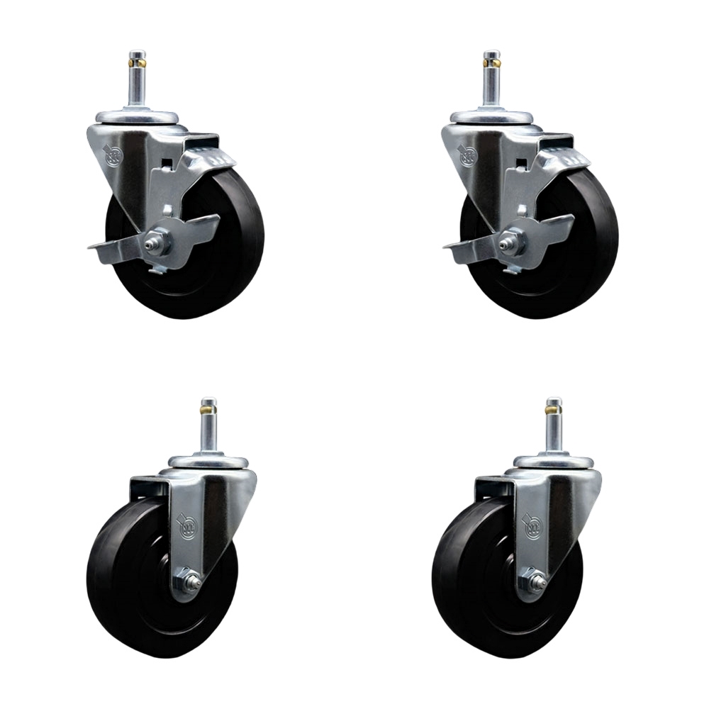 Soft Rubber Swivel Grip Ring Stem Caster Set of 4 w/4" x 1.25" Black Wheels and 7/16" Stems - Includes 2 with Top Locking Brake - 800 lbs Total Capacity - Service Caster Brand — photo 1
