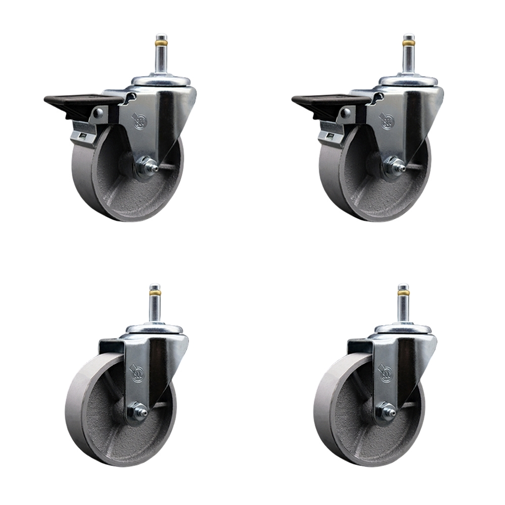Semi Steel Cast Iron Swivel Grip Ring Stem Caster w/Roller Bearings Set of 4 - 4" x 1.5" Silver Wheels and 7/16" Stems-Includes 2 with Posi Locking Brake-1200 lbs Total Capacity - Service Caster Brand — photo 1