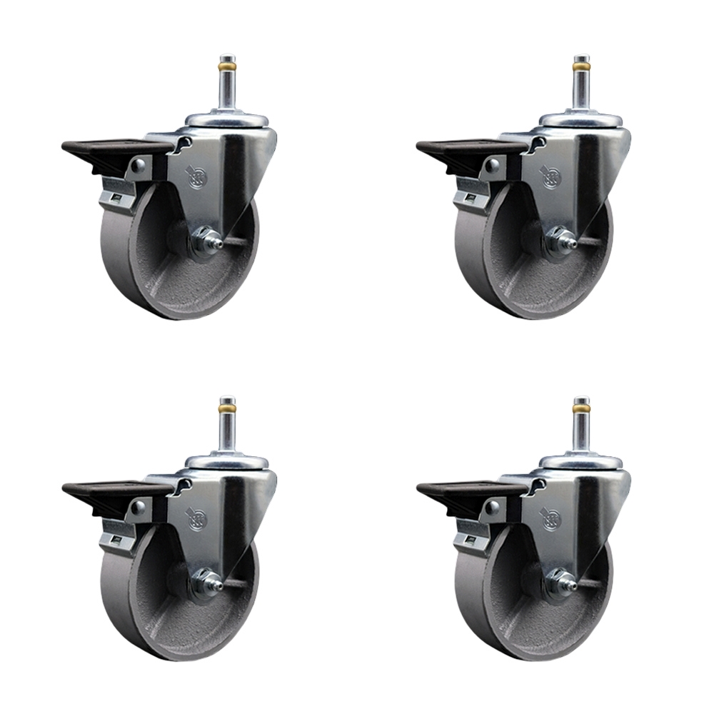 Semi Steel Cast Iron Swivel Grip Ring Stem Caster w/Roller Bearings Set of 4 w/4" x 1.5" Silver Wheels and 7/16" Stems - Includes 4 with Posi Lock Brakes-1200 lbs Total Capacity - Service Caster Brand — photo 1