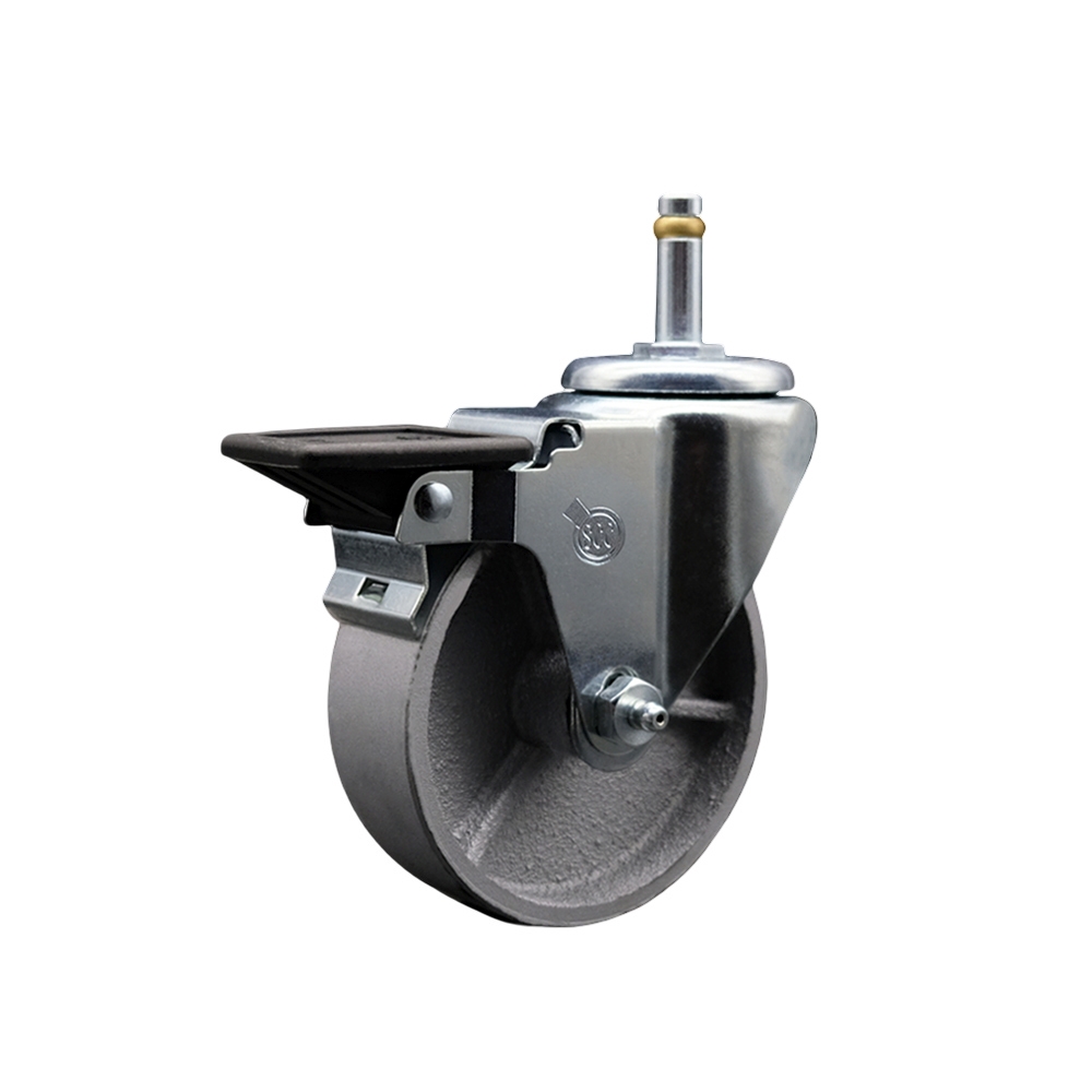 Semi Steel Cast Iron Swivel Grip Ring Stem Caster - 4" x 1.25" Silver Wheel and 7/16" Stem & Posi Locking Brake - 300 lbs Capacity/Caster - Service Caster Brand — photo 1